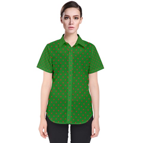 Mini Red Dots On Christmas Green Women s Short Sleeve Shirt by PodArtist