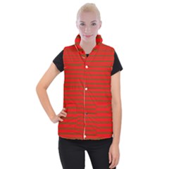 Christmas Red And Green Bedding Stripes Women s Button Up Puffer Vest by PodArtist
