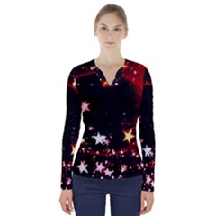 Circle Lines Wave Star Abstract V-neck Long Sleeve Top by Celenk