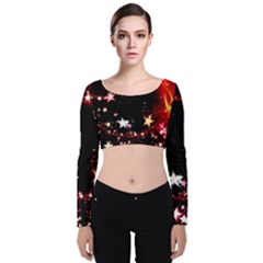 Circle Lines Wave Star Abstract Velvet Long Sleeve Crop Top by Celenk