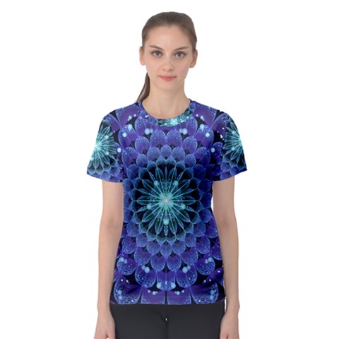 Accordant Electric Blue Fractal Flower Mandala Women s Sport Mesh Tee by jayaprime