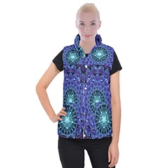 Accordant Electric Blue Fractal Flower Mandala Women s Button Up Puffer Vest by jayaprime