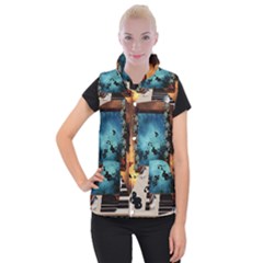 Music, Piano With Birds And Butterflies Women s Button Up Puffer Vest by FantasyWorld7
