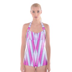 Geometric 3d Design Pattern Pink Boyleg Halter Swimsuit  by Celenk