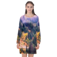 Landscape Fog Mist Haze Forest Long Sleeve Chiffon Shift Dress  by BangZart