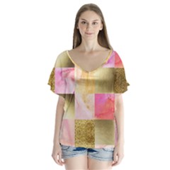 Collage Gold And Pink V-neck Flutter Sleeve Top by NouveauDesign