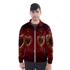 Wonderful Hearts With Floral Elemetns, Gold, Red Wind Breaker (men) by FantasyWorld7