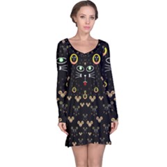 Merry Black Cat In The Night And A Mouse Involved Pop Art Long Sleeve Nightdress by pepitasart