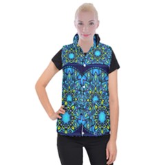 Mandala Blue Abstract Circle Women s Button Up Puffer Vest by Celenk