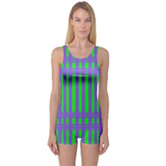 Bright Green Purple Stripes Pattern One Piece Boyleg Swimsuit by BrightVibesDesign