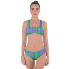 Bright Green Purple Stripes Pattern Criss Cross Bikini Set by BrightVibesDesign