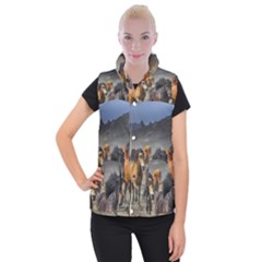 Horses Stampede Nature Running Women s Button Up Puffer Vest by Celenk