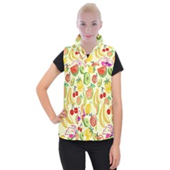 Cute Fruits Pattern Women s Button Up Puffer Vest by paulaoliveiradesign