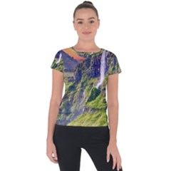 Waterfall Landscape Nature Scenic Short Sleeve Sports Top  by Celenk