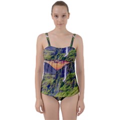 Waterfall Landscape Nature Scenic Twist Front Tankini Set by Celenk