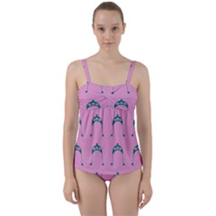 Pink Flower Teal Hat Twist Front Tankini Set