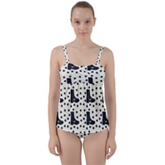 Deer Boots White Black Twist Front Tankini Set