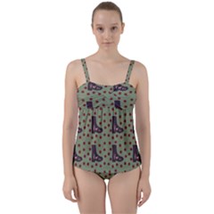 Deer Boots Green Twist Front Tankini Set