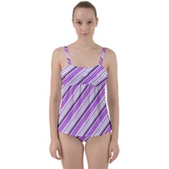 Purple Diagonal Lines Twist Front Tankini Set