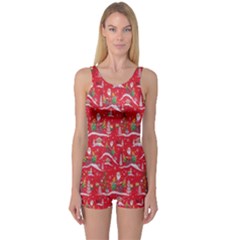 Red Background Christmas One Piece Boyleg Swimsuit by Nexatart