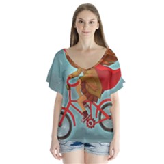 Girl On A Bike V-neck Flutter Sleeve Top by chipolinka