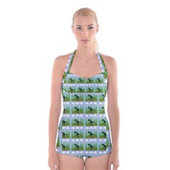 Dino In The Mountains Blue Boyleg Halter Swimsuit  by snowwhitegirl