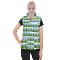 Dino In The Mountains Blue Women s Button Up Puffer Vest