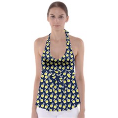 Square Flowers Navy Blue Babydoll Tankini Top