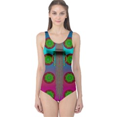 Meditative Abstract Temple Of Love And Meditation One Piece Swimsuit by pepitasart