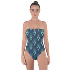 Blue,teal,peacock Pattern,art Deco Tie Back One Piece Swimsuit by 8fugoso