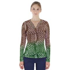Knitted Wool Square Beige Green V-neck Long Sleeve Top by snowwhitegirl