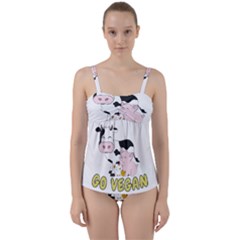 Friends Not Food - Cute Cow, Pig And Chicken Twist Front Tankini Set by Valentinaart