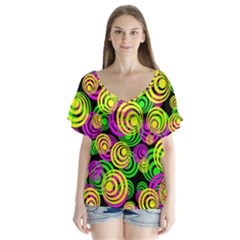 Bright Yellow Pink And Green Neon Circles V-neck Flutter Sleeve Top by PodArtist