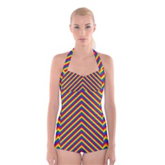 Gay Pride Flag Rainbow Chevron Stripe Boyleg Halter Swimsuit  by PodArtist