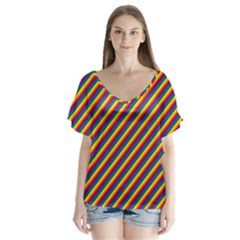 Gay Pride Flag Candy Cane Diagonal Stripe V-neck Flutter Sleeve Top by PodArtist