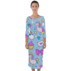 Cute Unicorn Pattern Quarter Sleeve Midi Bodycon Dress by Valentinaart