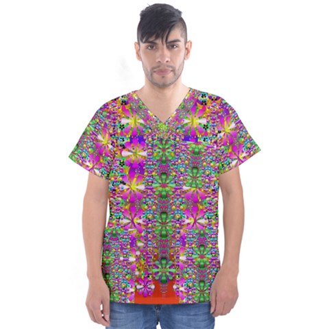 Flower Wall With Wonderful Colors And Bloom Men s V-neck Scrub Top by pepitasart