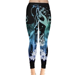 Amazing Wolf With Flowers, Blue Colors Leggings  by FantasyWorld7