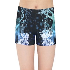 Amazing Wolf With Flowers, Blue Colors Kids Sports Shorts by FantasyWorld7