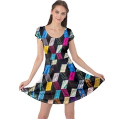 Abstract Multicolor Cubes 3d Quilt Fabric Cap Sleeve Dress