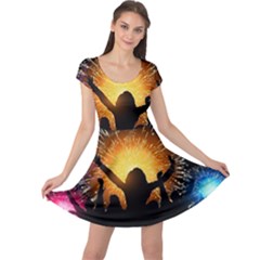 Celebration Night Sky With Fireworks In Various Colors Cap Sleeve Dress
