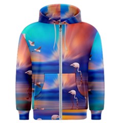 Flamingo Lake Birds In Flight Sunset Orange Sky Red Clouds Reflection In Lake Water Art Men s Zipper Hoodie by Sapixe