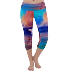 Flamingo Lake Birds In Flight Sunset Orange Sky Red Clouds Reflection In Lake Water Art Capri Yoga Leggings by Sapixe