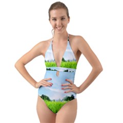Green Landscape, Green Grass Close Up Blue Sky And White Clouds Halter Cut-out One Piece Swimsuit by Sapixe