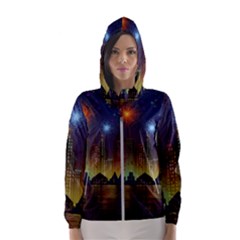 Happy Birthday Independence Day Celebration In New York City Night Fireworks Us Hooded Wind Breaker (women) by Sapixe