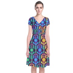 Pattern Background Bright Blue Short Sleeve Front Wrap Dress by Sapixe