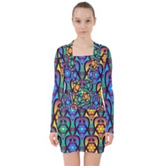 Pattern Background Bright Blue V-neck Bodycon Long Sleeve Dress by Sapixe