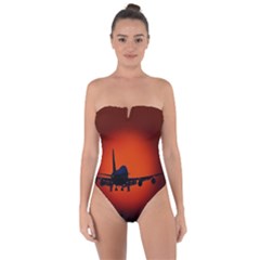 Red Sun Jet Flying Over The City Art Tie Back One Piece Swimsuit
