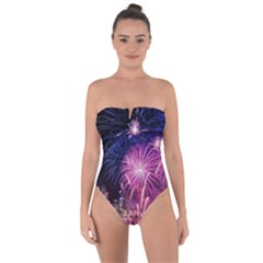 Singapore New Years Eve Holiday Fireworks City At Night Tie Back One Piece Swimsuit by Sapixe
