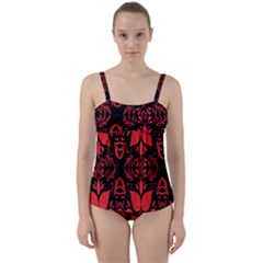 Christmas Red And Black Background Twist Front Tankini Set by Sapixe